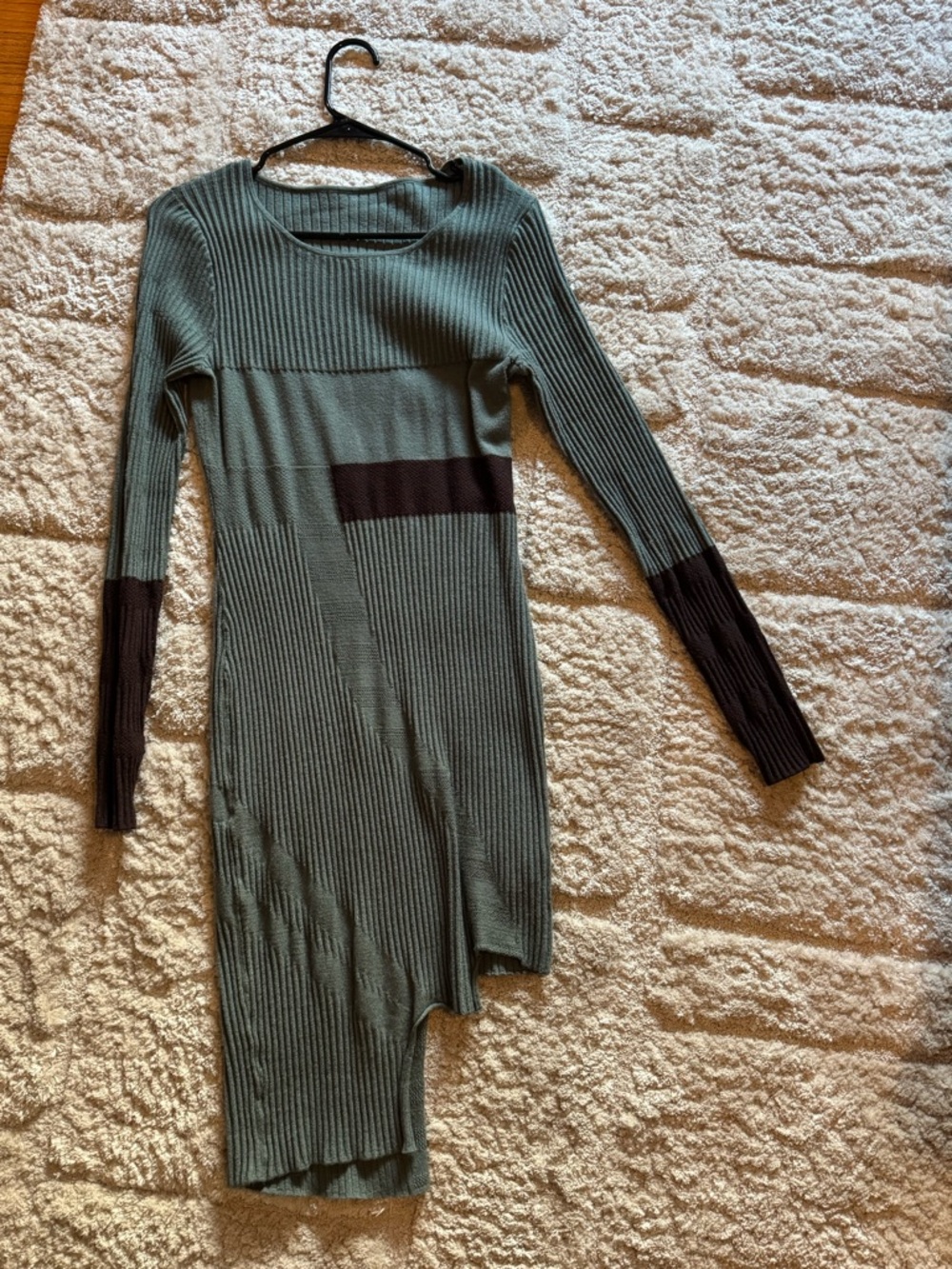 Ribbed Asymmetric Long Sleeve Dress in Sage Green and Brown
